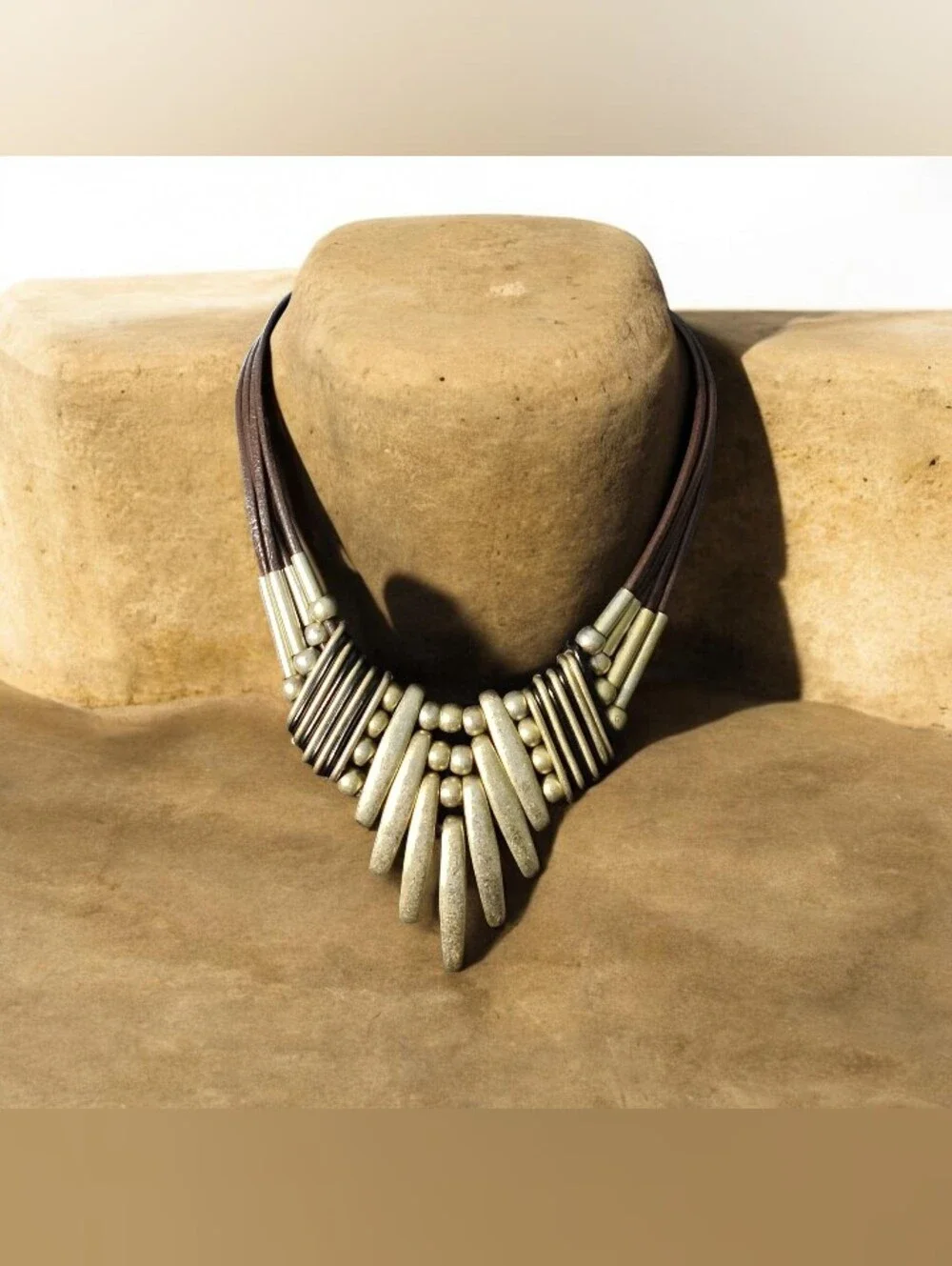 Vintage Gold-Tone Tribal Spike Necklace - Brown Cord